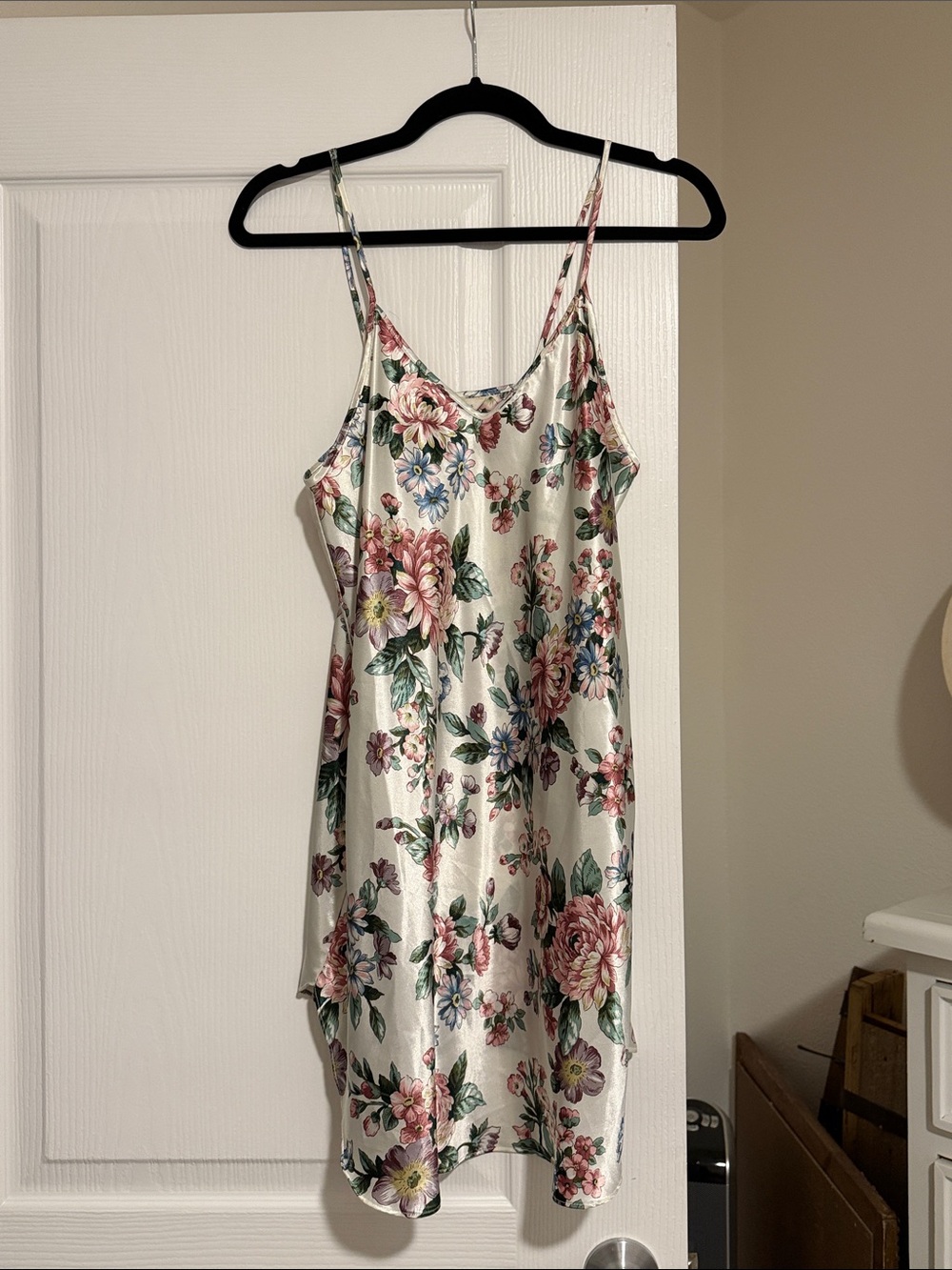 Floral Satin Slip Mini Dress in Cream with Pink & Green Bloom Print